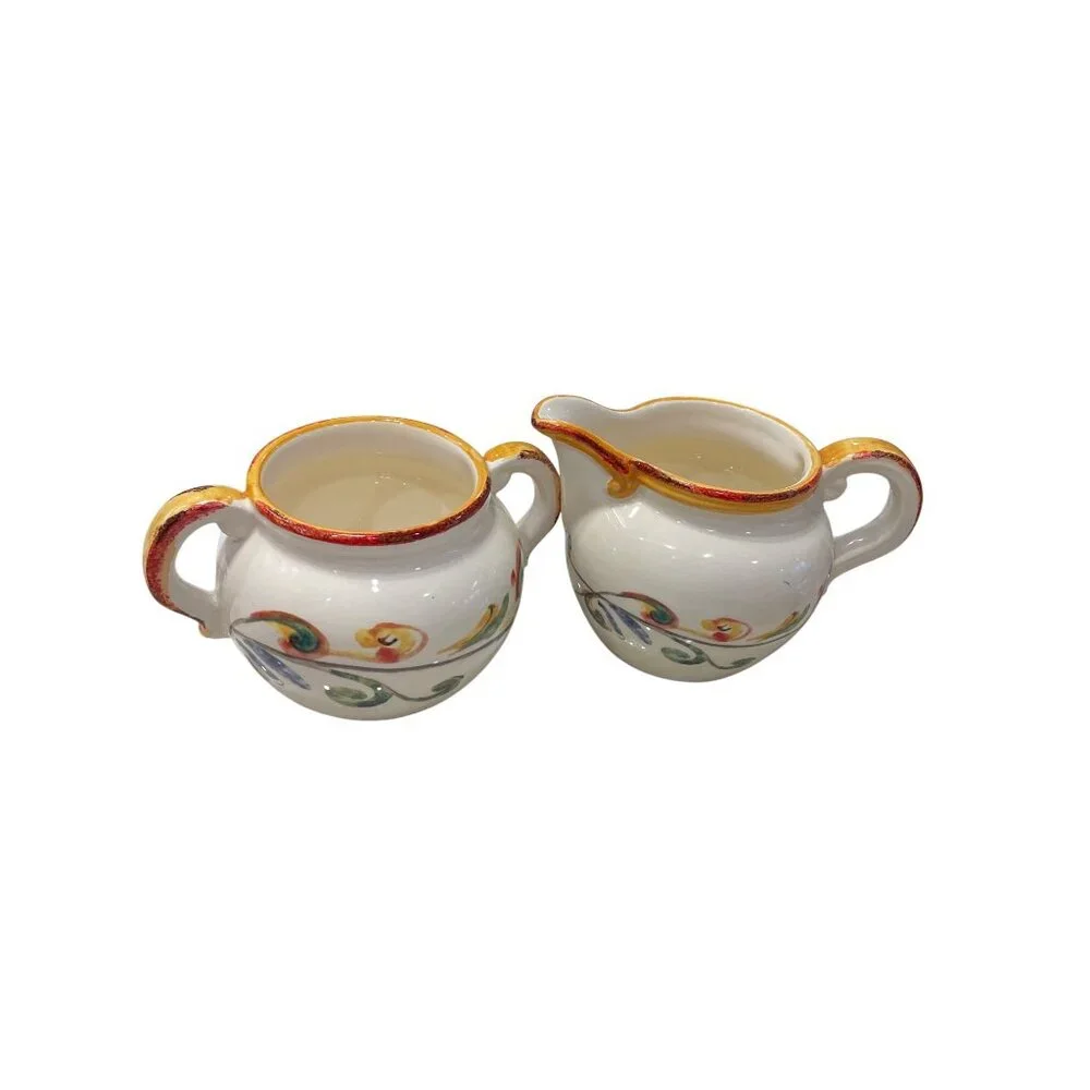 Sur La Table Italian Handmade floral ceramic bowl creamer sugar salt pepper set